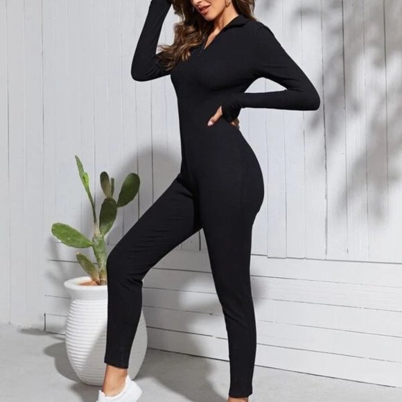 BNWT | CHICME Black Front Zip Up Ribbed Jumpsuit - Picture 2 of 14